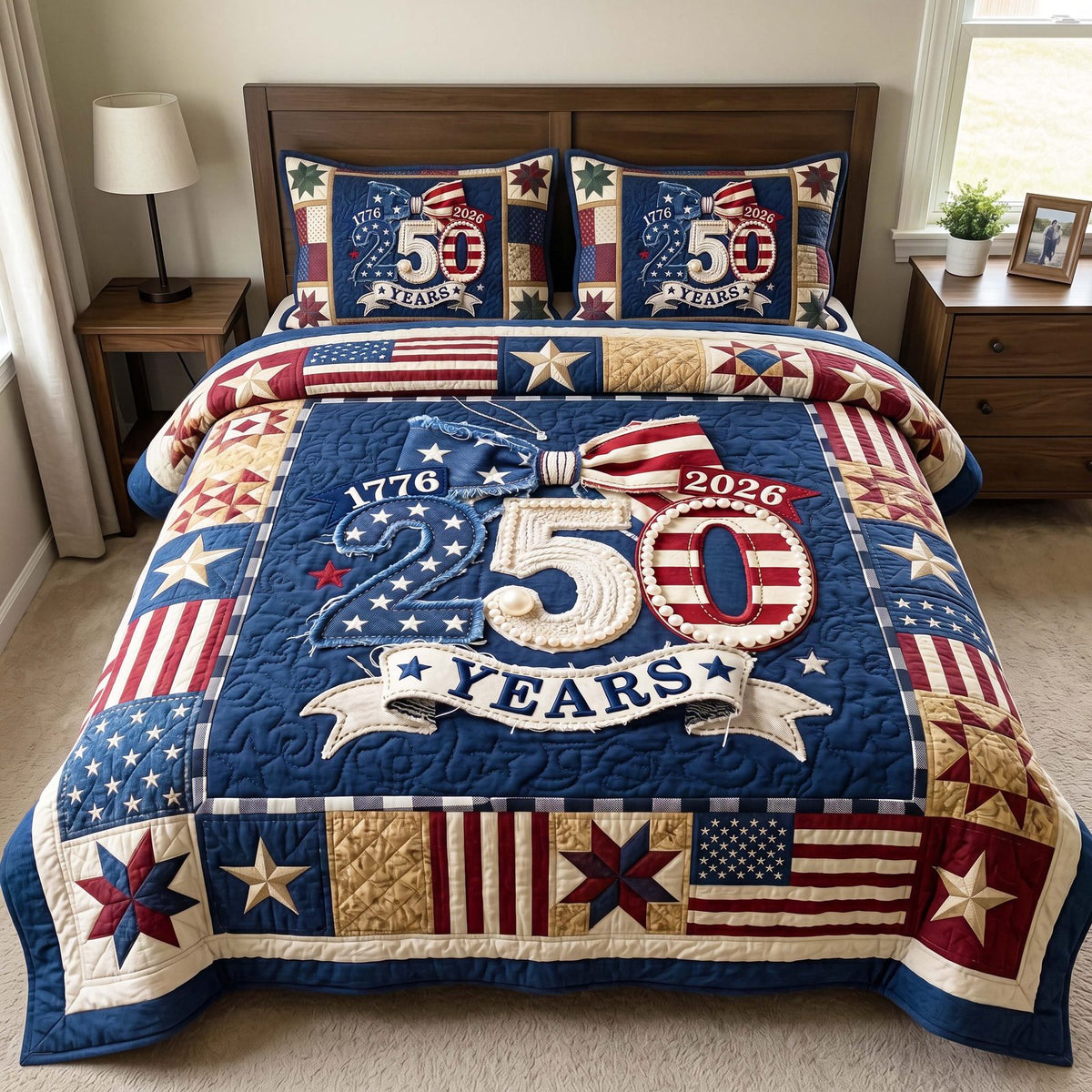 Patriot Quartermill quilted 3-piece bedding set on a made bed in a warmly lit bedroom
