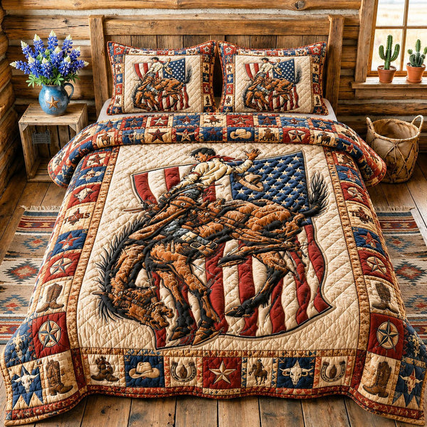 Patriot Rodeo Horse quilted 3-piece bedding set on a made bed in a warmly lit bedroom