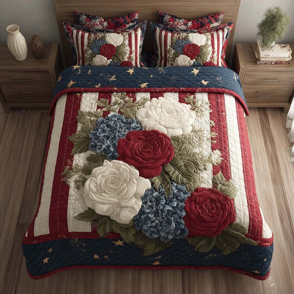 Patriot Rose quilted 3-piece bedding set on a made bed in a warmly lit bedroom