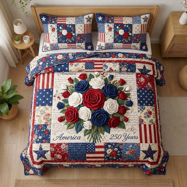 Patriot Roses quilted 3-piece bedding set on a made bed in a warmly lit bedroom