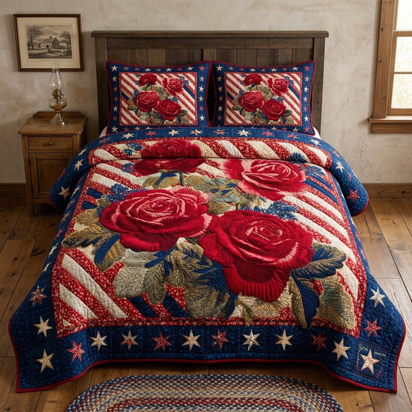 Patriot Roses quilted 3-piece bedding set on a made bed in a warmly lit bedroom