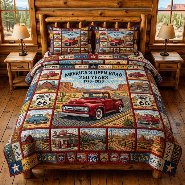 Patriot Route quilted 3-piece bedding set on a made bed in a warmly lit bedroom