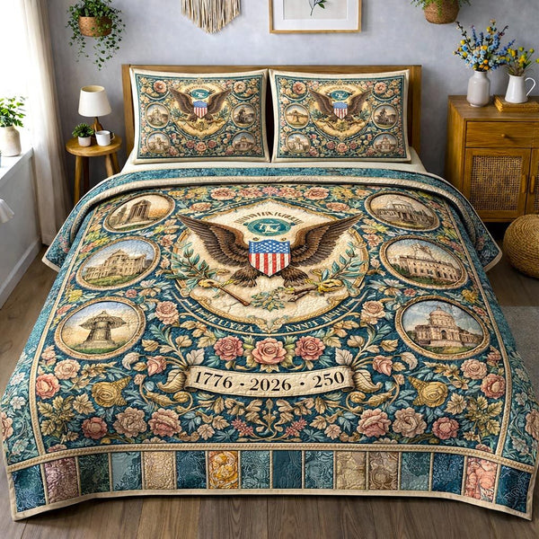 Patriot Spirit quilted 3-piece bedding set on a made bed in a warmly lit bedroom