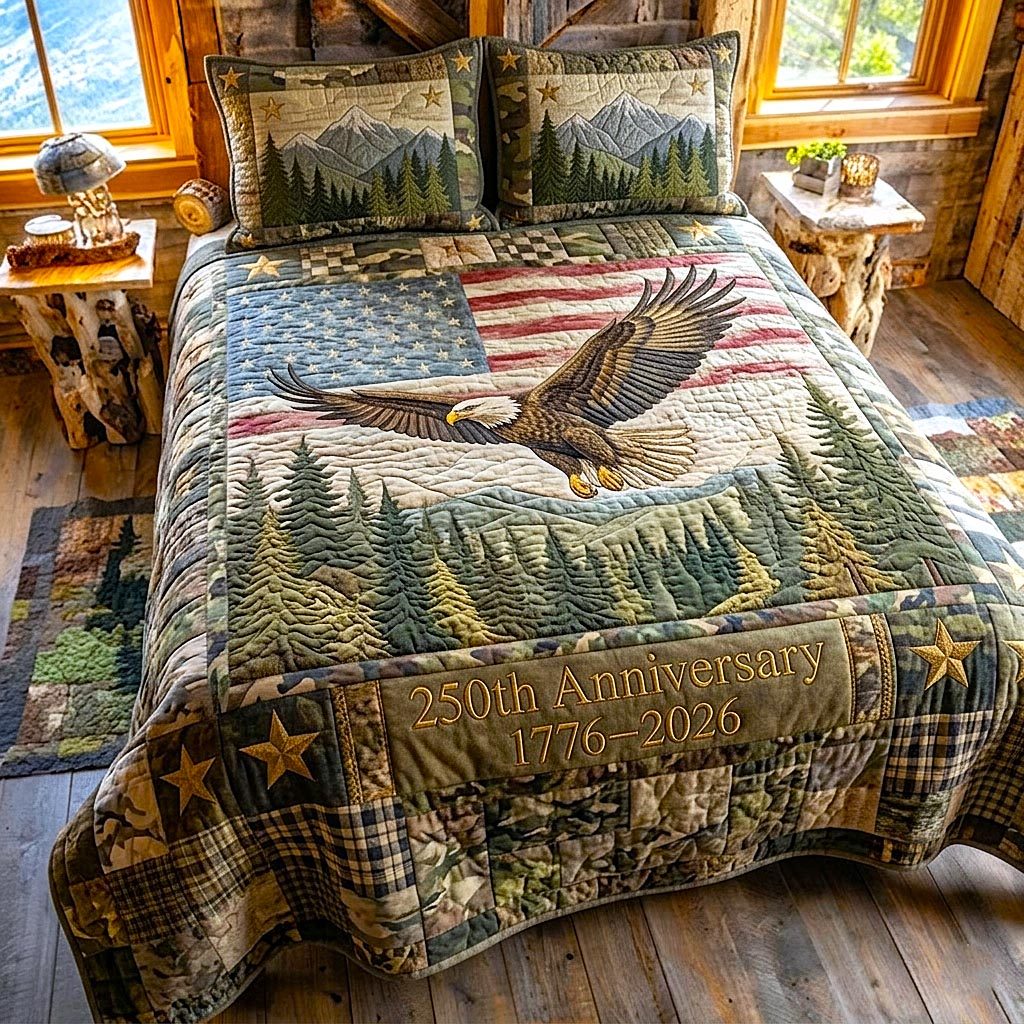 Patriot Spirit quilted 3-piece bedding set on a made bed in a warmly lit bedroom