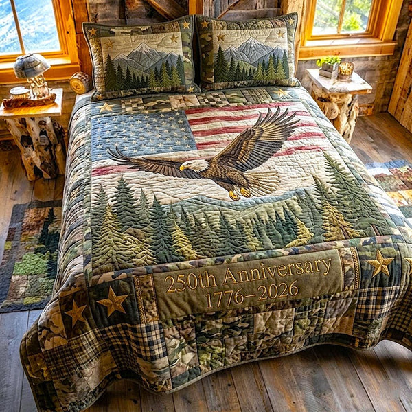 Patriot Spirit quilted 3-piece bedding set on a made bed in a warmly lit bedroom