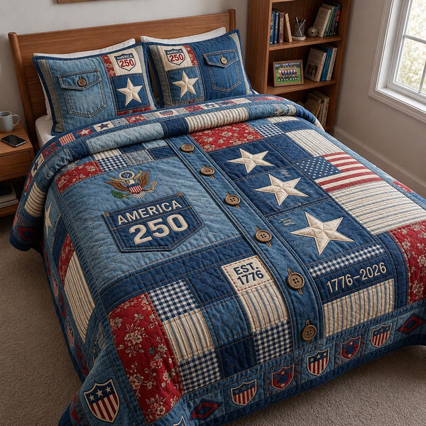 Patriot Spirit quilted 3-piece bedding set on a made bed in a warmly lit bedroom