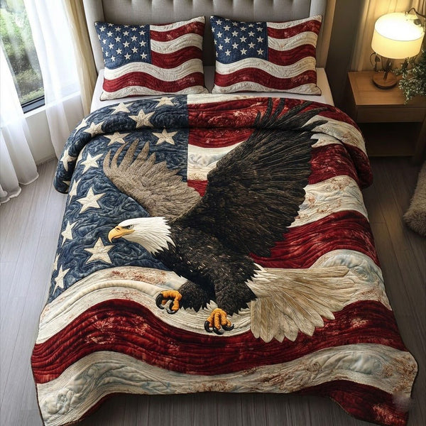 Patriot Spirit quilted 3-piece bedding set on a made bed in a warmly lit bedroom