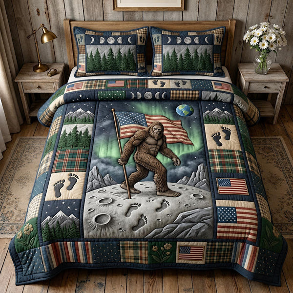 Patriot Squatch quilted 3-piece bedding set on a made bed in a warmly lit bedroom