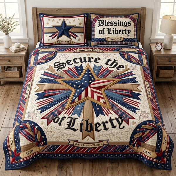 Patriot Star quilted 3-piece bedding set on a made bed in a warmly lit bedroom