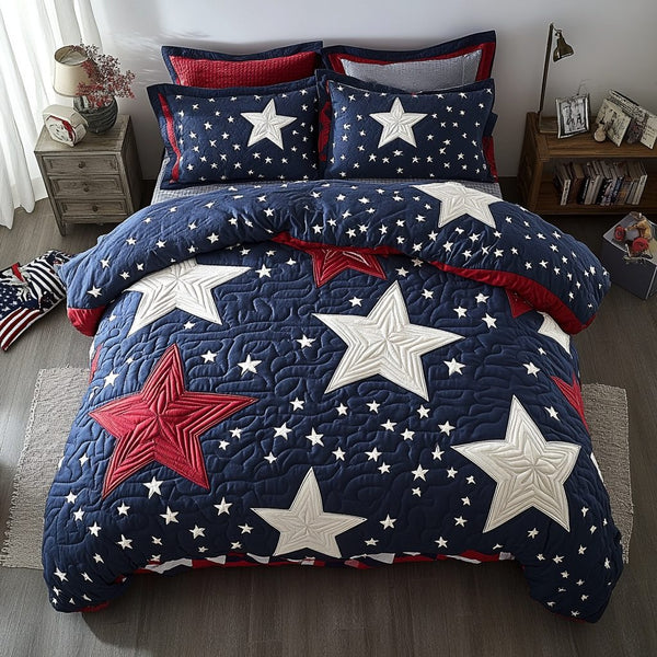 Patriot Star quilted 3-piece bedding set on a made bed in a warmly lit bedroom