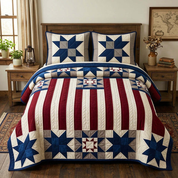 Patriot Stars quilted 3-piece bedding set on a made bed in a warmly lit bedroom