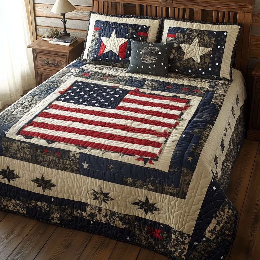 Patriot Valor quilted 3-piece bedding set on a made bed in a warmly lit bedroom