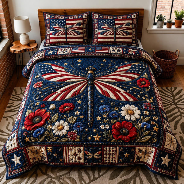 Patriot Wings quilted 3-piece bedding set on a made bed in a warmly lit bedroom