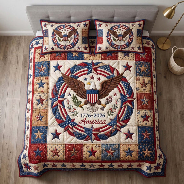 Patriot Wreath quilted 3-piece bedding set on a made bed in a winter-styled bedroom