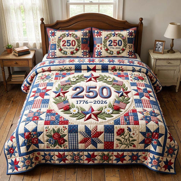 Patriot Wreath quilted 3-piece bedding set on a made bed in a winter-styled bedroom