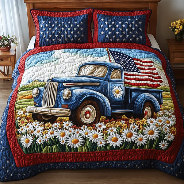 Patriotic America Truck quilted 3-piece bedding set on a made bed in a warmly lit bedroom