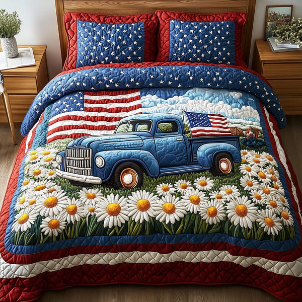 Patriotic America Truck quilted 3-piece bedding set on a made bed in a warmly lit bedroom
