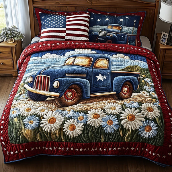 Patriotic America Truck quilted 3-piece bedding set on a made bed in a warmly lit bedroom