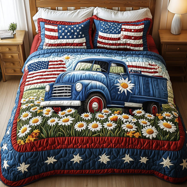 Patriotic America Truck quilted 3-piece bedding set on a made bed in a warmly lit bedroom