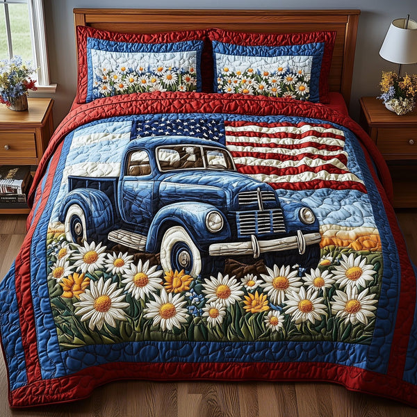 Patriotic America Truck quilted 3-piece bedding set on a made bed in a warmly lit bedroom