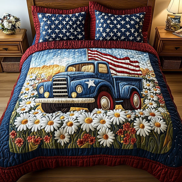 Patriotic America Truck quilted 3-piece bedding set on a made bed in a warmly lit bedroom