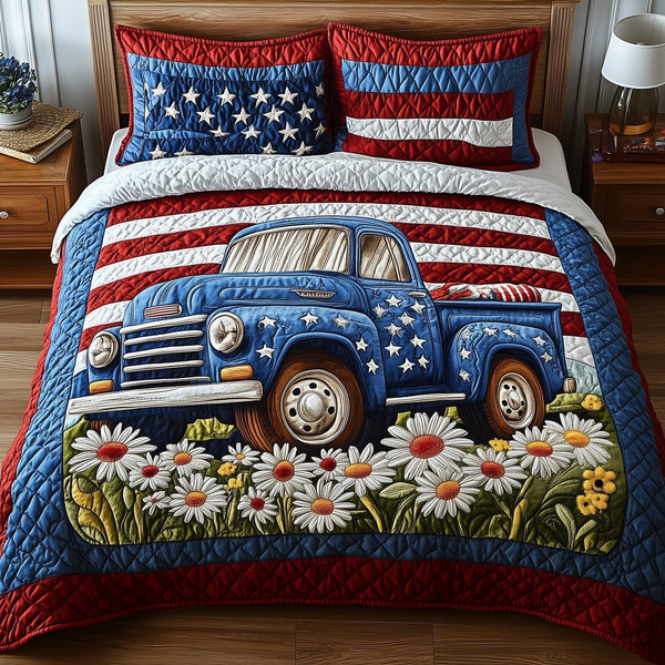 Patriotic America Truck quilted 3-piece bedding set on a made bed in a warmly lit bedroom