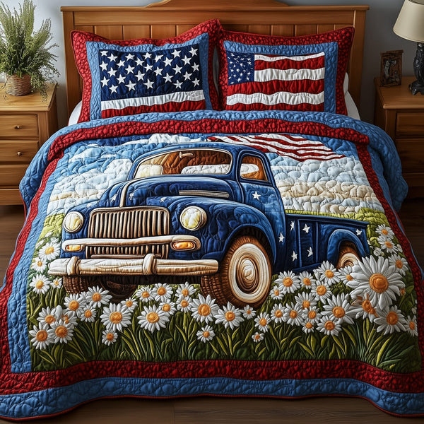 Patriotic America Truck quilted 3-piece bedding set on a made bed in a warmly lit bedroom