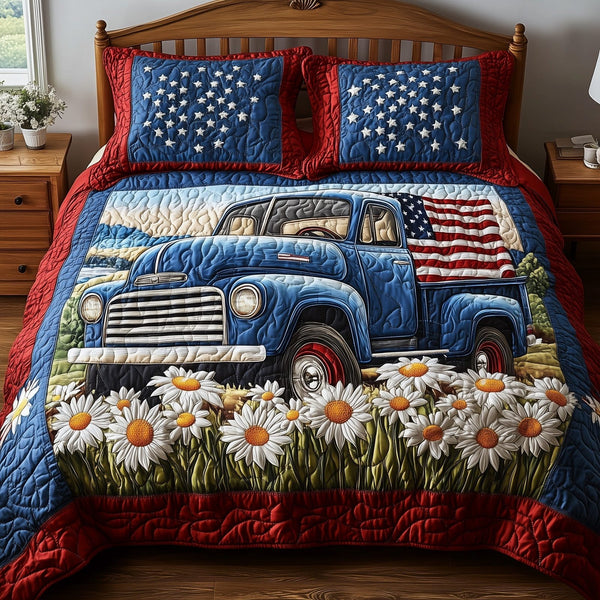 Patriotic America Truck quilted 3-piece bedding set on a made bed in a warmly lit bedroom