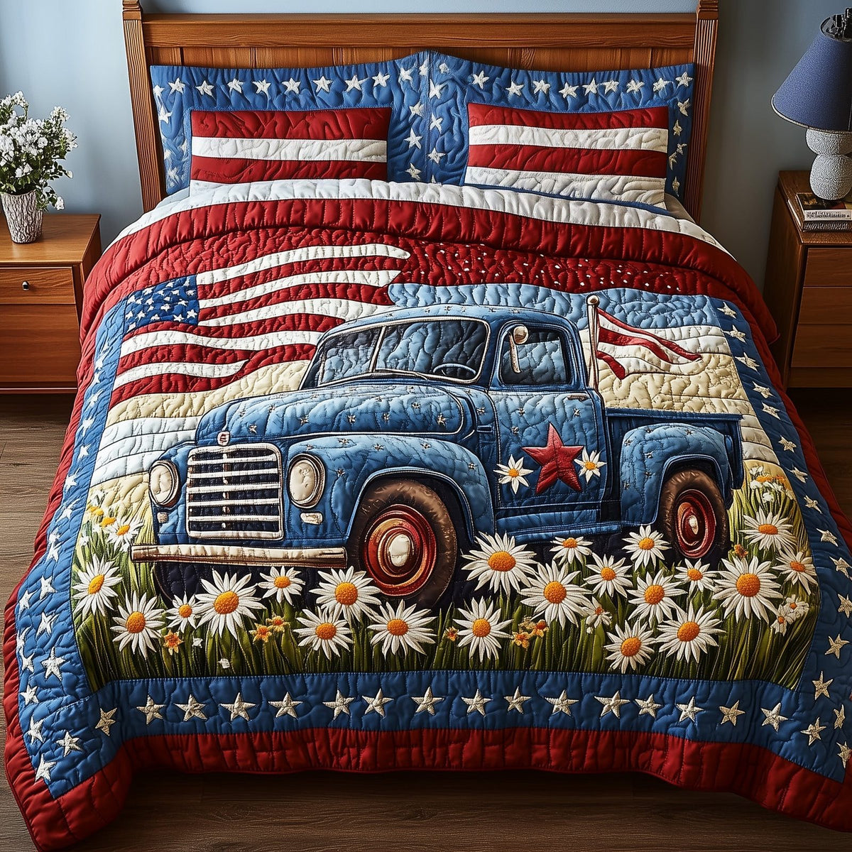 Patriotic America Truck quilted 3-piece bedding set on a made bed in a warmly lit bedroom