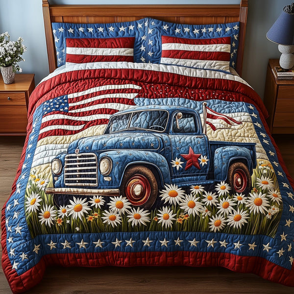 Patriotic America Truck quilted 3-piece bedding set on a made bed in a warmly lit bedroom