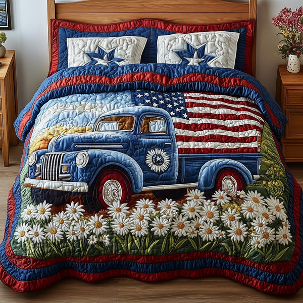 Patriotic America Truck quilted 3-piece bedding set on a made bed in a warmly lit bedroom