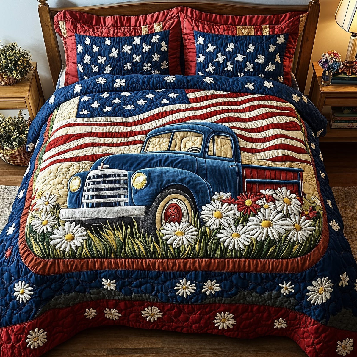 Patriotic America Truck quilted 3-piece bedding set on a made bed in a warmly lit bedroom