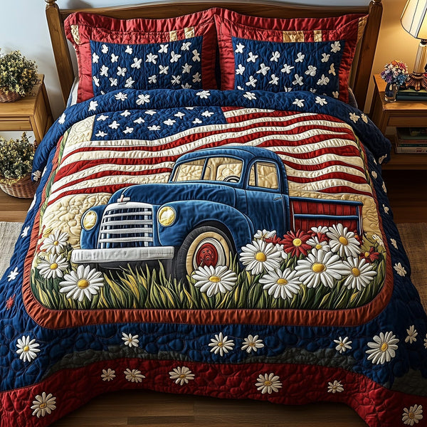 Patriotic America Truck quilted 3-piece bedding set on a made bed in a warmly lit bedroom