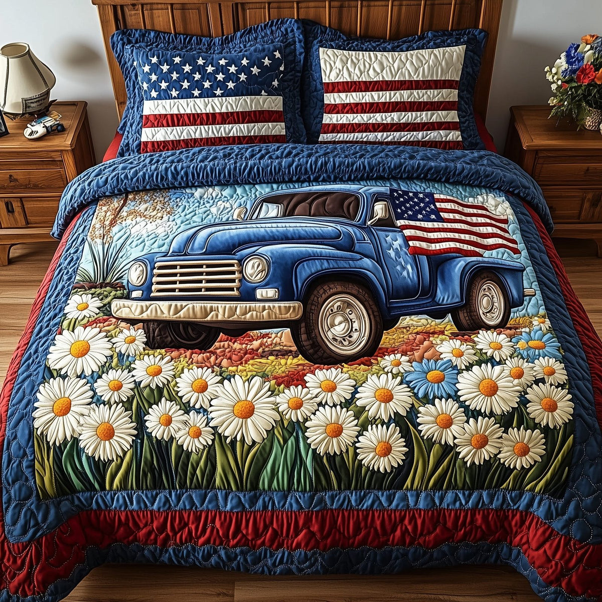 Patriotic America Truck quilted 3-piece bedding set on a made bed in a warmly lit bedroom