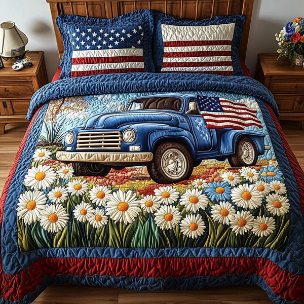 Patriotic America Truck quilted 3-piece bedding set on a made bed in a warmly lit bedroom