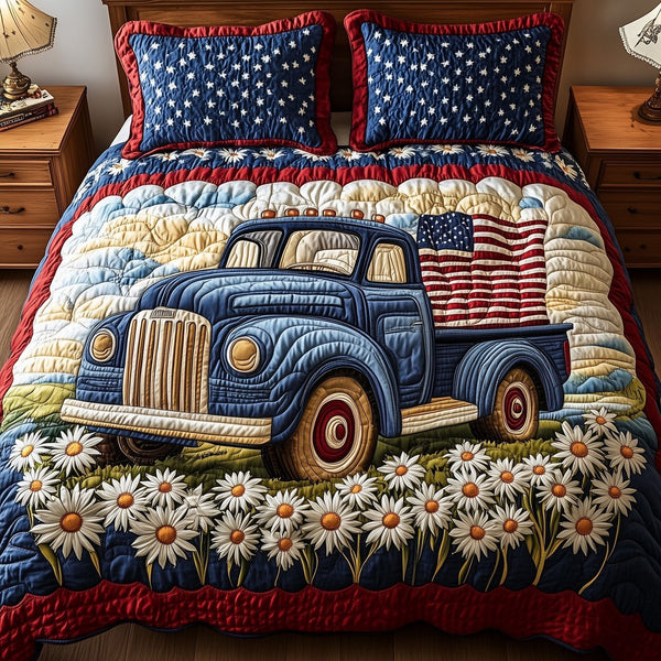 Patriotic America Truck quilted 3-piece bedding set on a made bed in a warmly lit bedroom