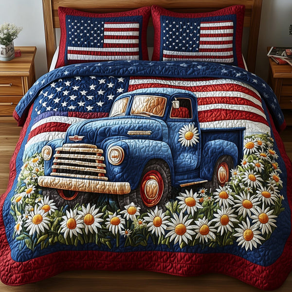 Patriotic America Truck quilted 3-piece bedding set on a made bed in a warmly lit bedroom