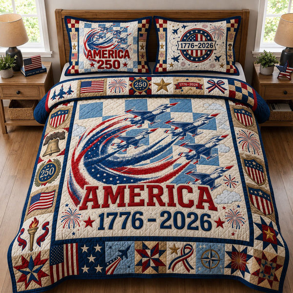 Patriotic American Flag Jet quilted 3-piece bedding set on a made bed in a warmly lit bedroom