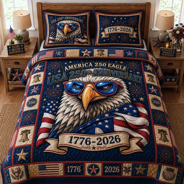 Patriotic Bald Eagle quilted 3-piece bedding set on a made bed in a warmly lit bedroom