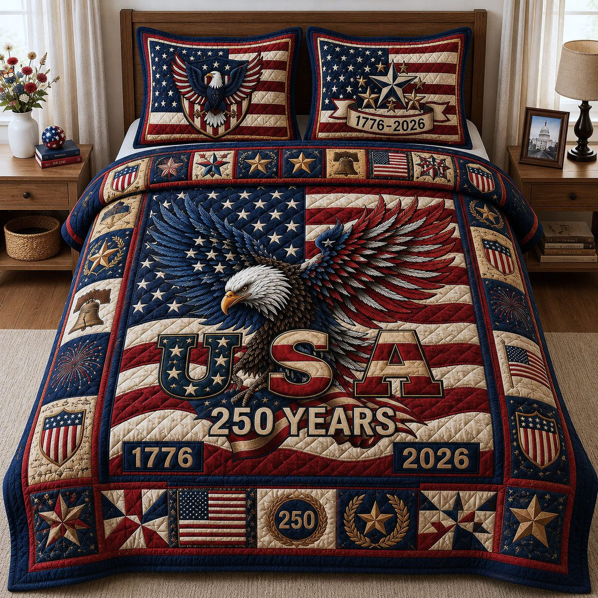Patriotic Bald Eagle quilted 3-piece bedding set on a made bed in a warmly lit bedroom