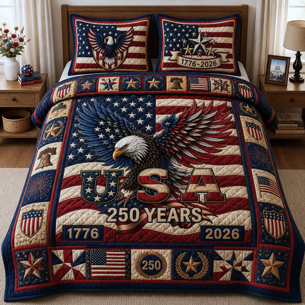 Patriotic Bald Eagle quilted 3-piece bedding set on a made bed in a warmly lit bedroom