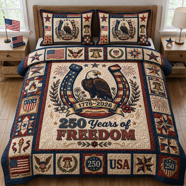 Patriotic Bald Eagle quilted 3-piece bedding set on a made bed in a warmly lit bedroom