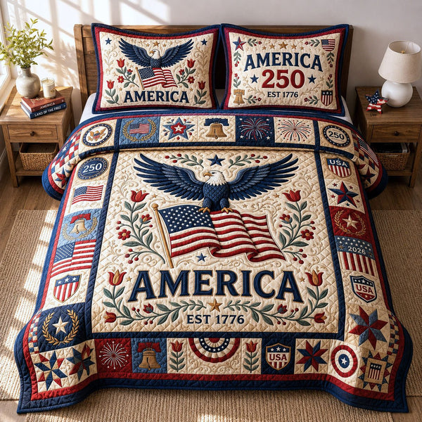 Patriotic Bald Eagle quilted 3-piece bedding set on a made bed in a warmly lit bedroom