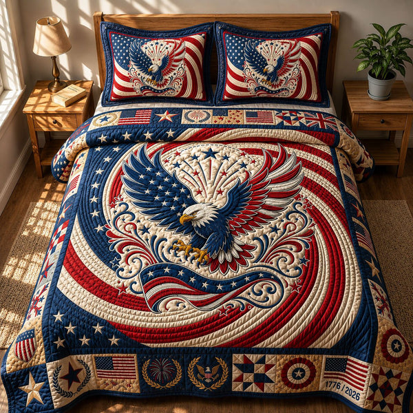 Patriotic Bald Eagle quilted 3-piece bedding set on a made bed in a warmly lit bedroom