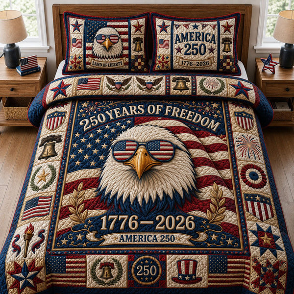 Patriotic Bald Eagle quilted 3-piece bedding set on a made bed in a warmly lit bedroom