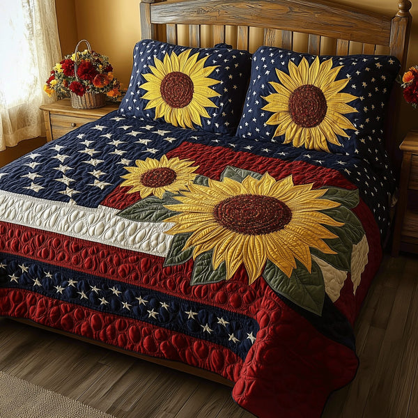 Patriotic Blossoms quilted 3-piece bedding set on a made bed in a warmly lit bedroom