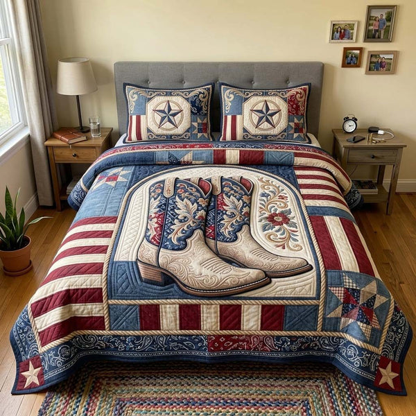Patriotic Boots quilted 3-piece bedding set on a made bed in a warmly lit bedroom