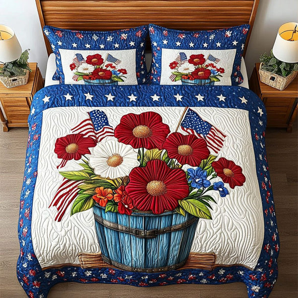 Patriotic Bouquet quilted 3-piece bedding set on a made bed in a warmly lit bedroom