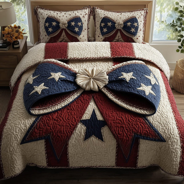 Patriotic Bow quilted 3-piece bedding set on a made bed in a warmly lit bedroom