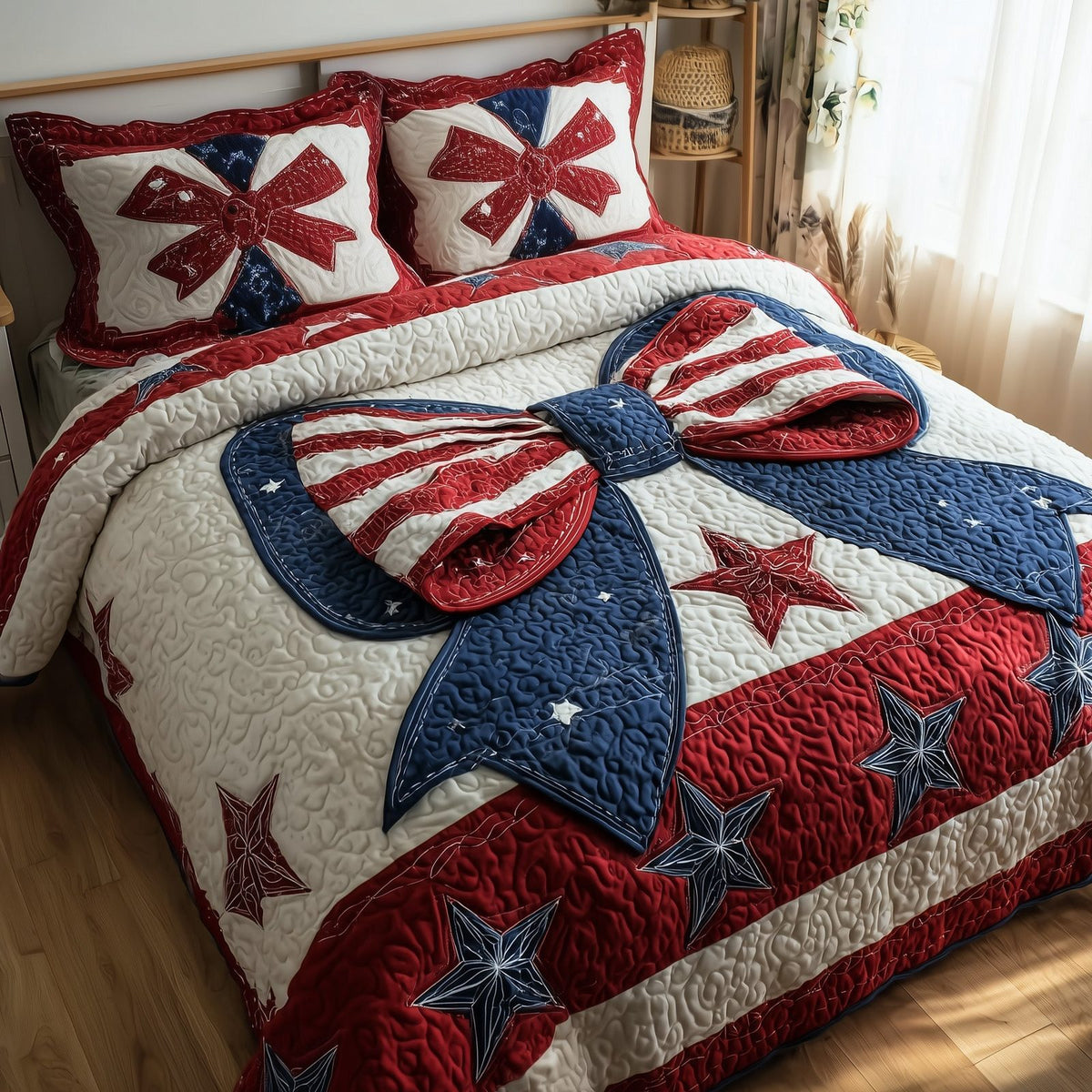 Patriotic Bow quilted 3-piece bedding set on a made bed in a warmly lit bedroom